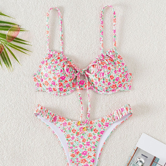 Damen Bikiniset mit modernem Blumenmuster und verstellbaren Trägern EB