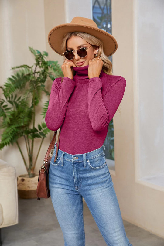 Damen Figurnahe Stretch-Jersey Rollkragenoberteil mit langem Arm EB