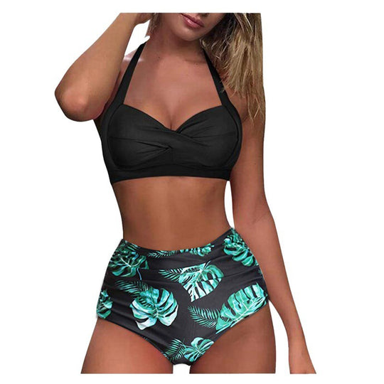 Damen Hochtaillierter Karobikini mit gerafftem Oberteil EB