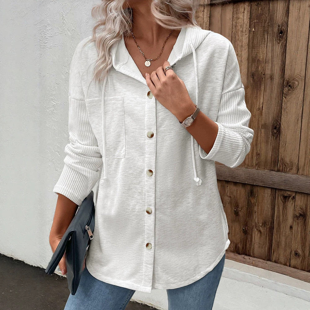 Damen Kapuzencardigan mit Knopfleiste, kontrastierenden Rippärmeln und lässiger Longline-Silhouette EB