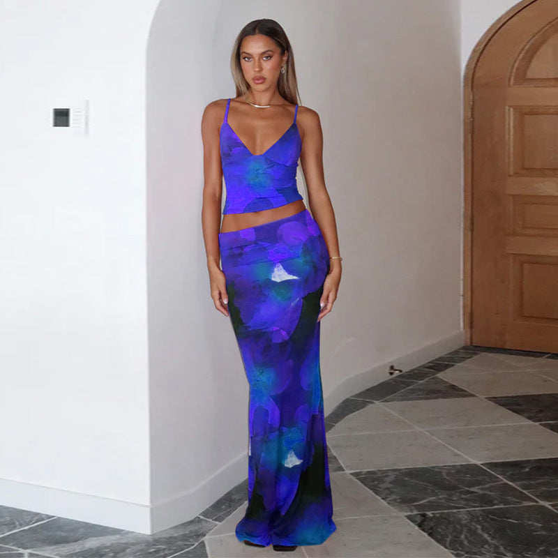 Damen Elegantes Maxikleid mit floralem Muster und Spaghetti-Trägern EB