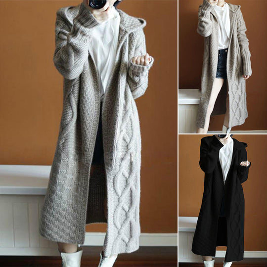 Damen Strickmantel mit Kapuze und strukturiertem Zopfdesign EB