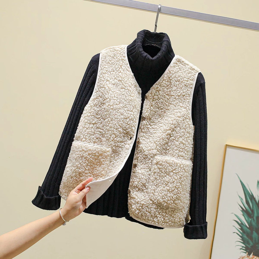 Damen Teddy-Fleece Weste mit Knopfleiste und Aufgesetzten Taschen EB
