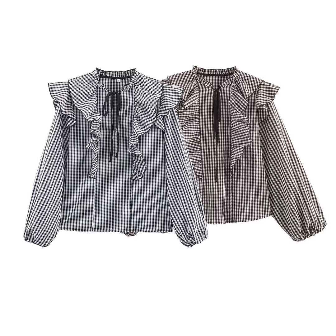 Damen Rüschenshirt mit klassischen Karomuster und eleganten Bindebändern EB