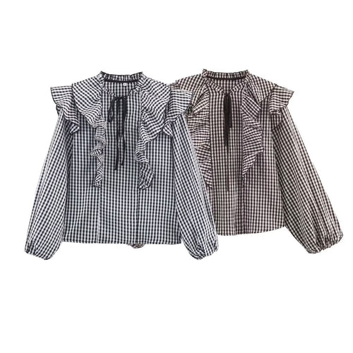 Damen Rüschenshirt mit klassischen Karomuster und eleganten Bindebändern EB