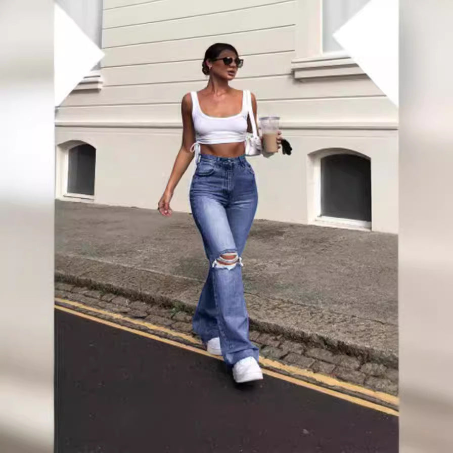 Damen Vintage Schlagjeans mit modischen Rissdetails und hohem Bund EB
