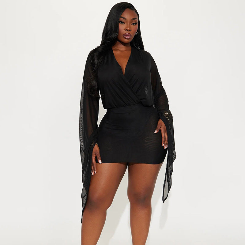 Damen Wickelkleid mit transparenten Ärmeln EB