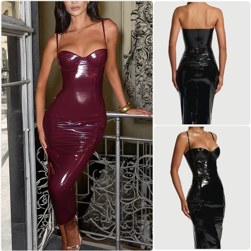 Damen Bodycon-Kleid mit trägerlosem Design und glänzender Oberfläche EB