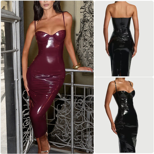 Damen Bodycon-Kleid mit trägerlosem Design und glänzender Oberfläche EB