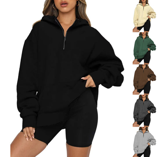 Damen Oversize Kapuzenpullover mit halbem Reißverschluss EB