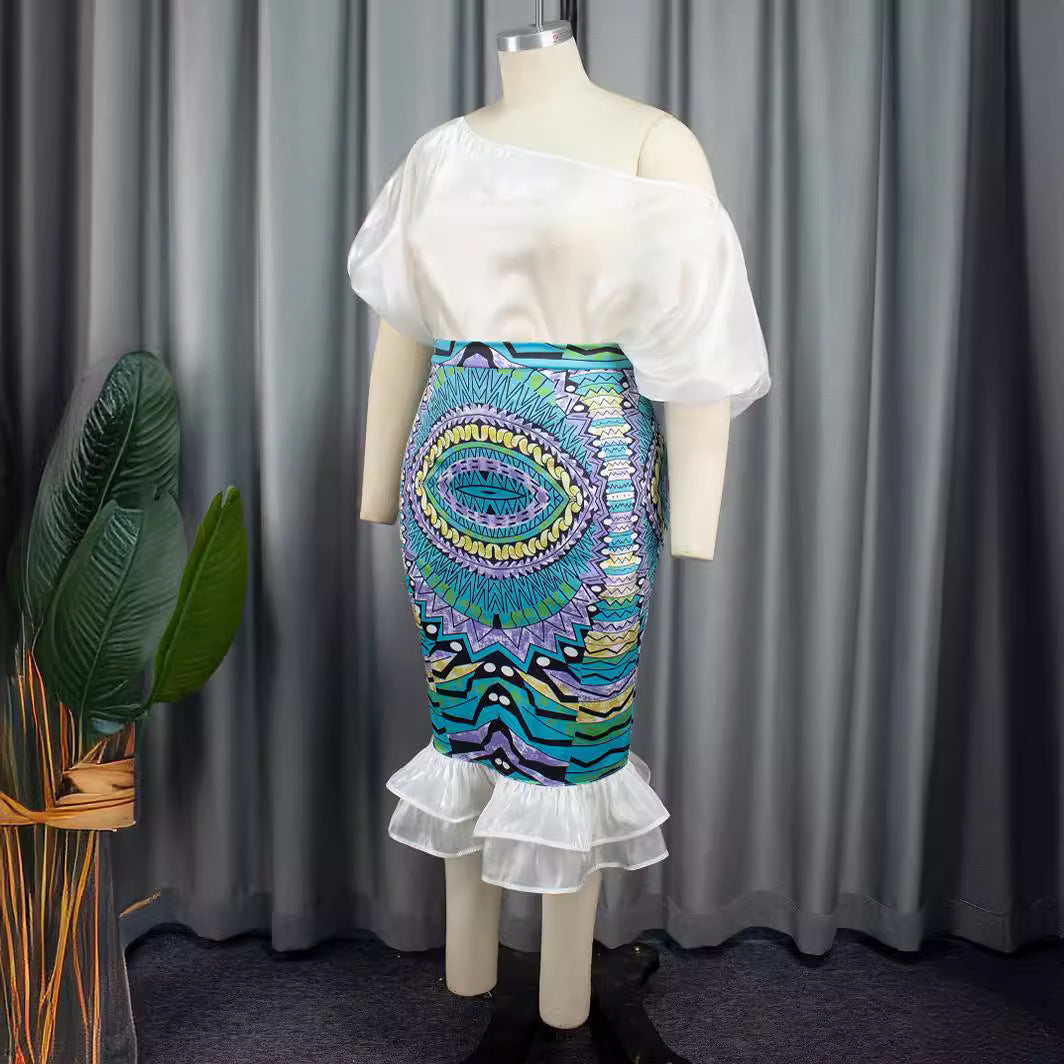 Damen Elegantes Kleid mit asymmetrischem Design und buntem Print EB