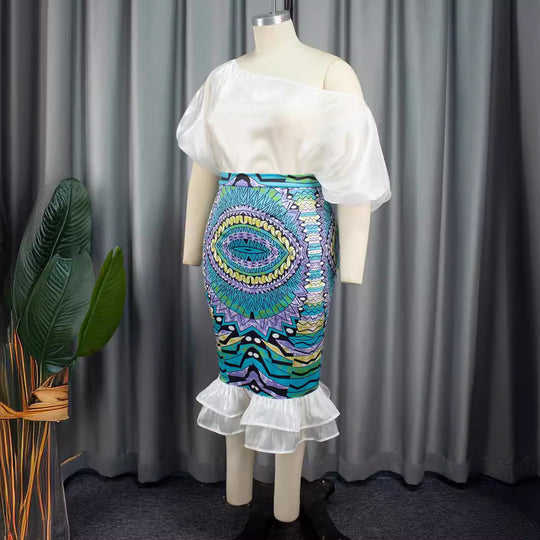 Damen Elegantes Kleid mit asymmetrischem Design und buntem Print EB