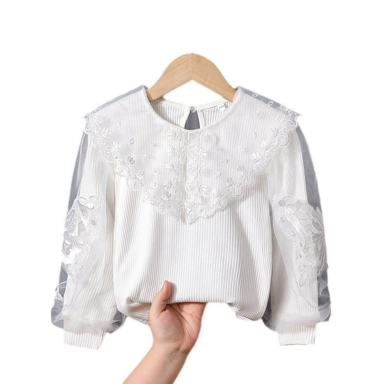 Mädchen Bluse mit transparenten Puffärmeln und floralem Spitzenbesatz EB