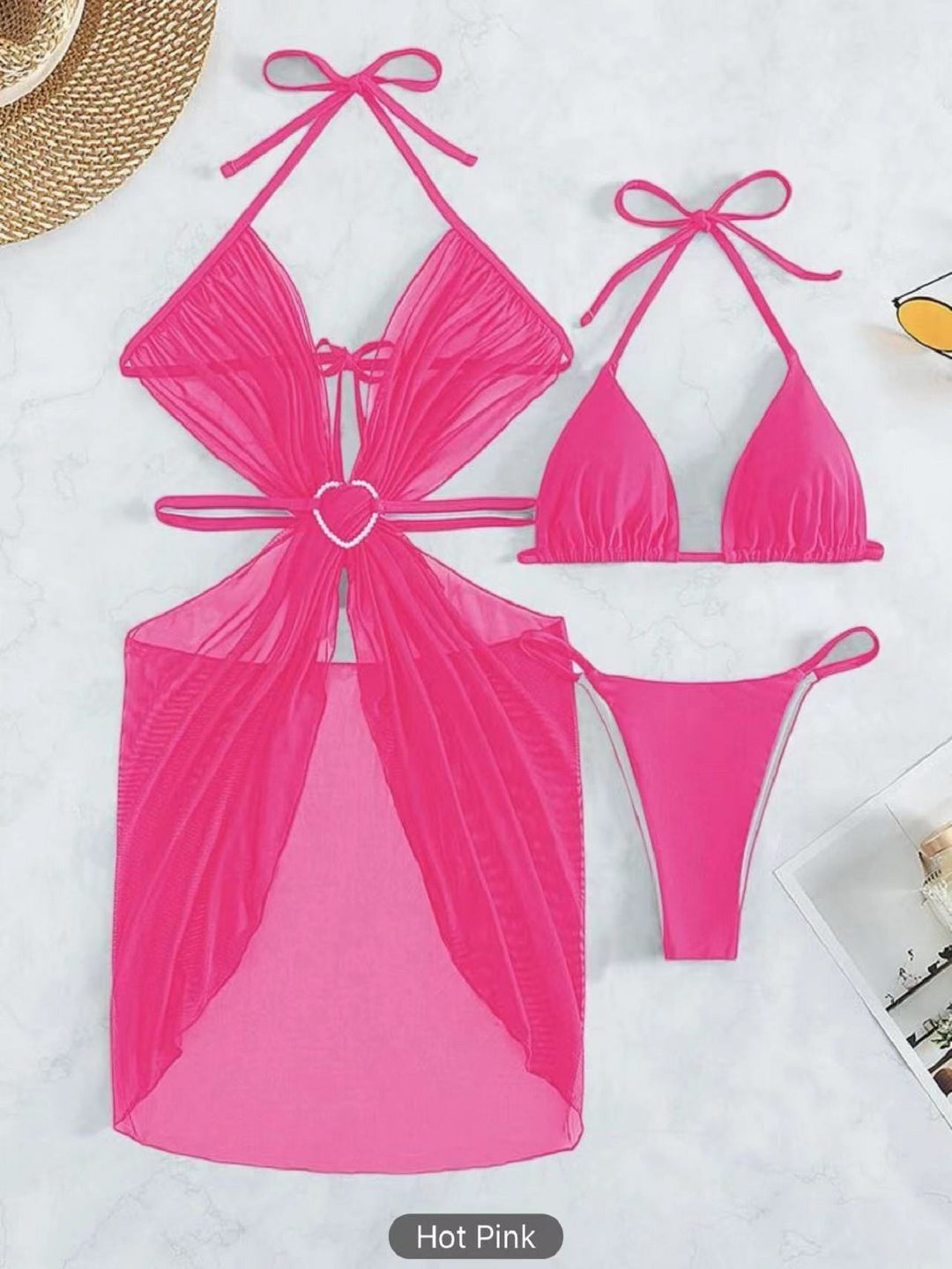 Damen Bikini-Set mit verspieltem Herzdesign und transparentem Überwurf EB