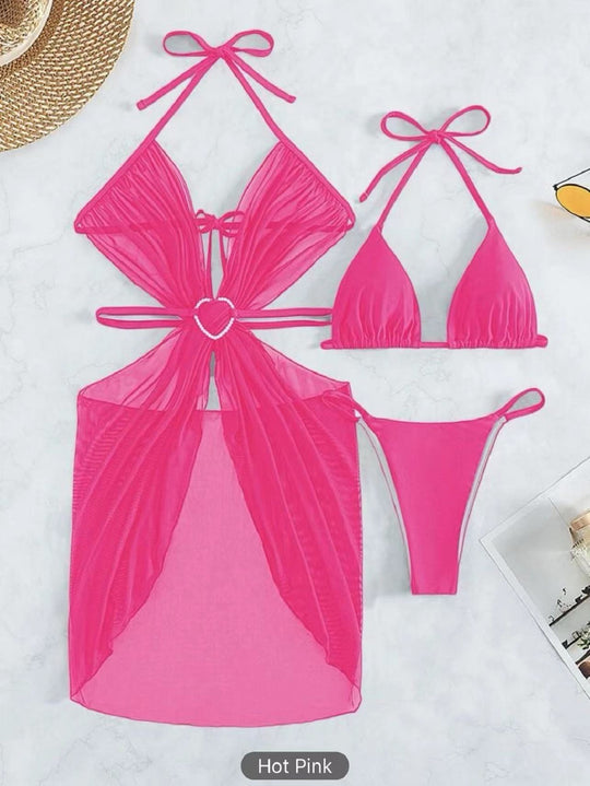 Damen Bikini-Set mit verspieltem Herzdesign und transparentem Überwurf EB