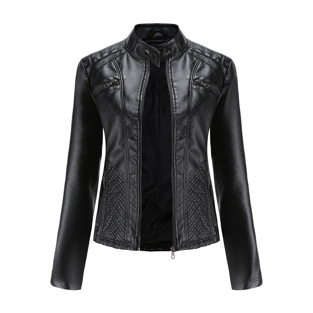 Damen nan taillierte Bikerjacke aus Kunstleder mit Stepppaneelen und Stehkragen EB