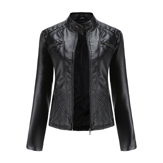 Damen nan taillierte Bikerjacke aus Kunstleder mit Stepppaneelen und Stehkragen EB