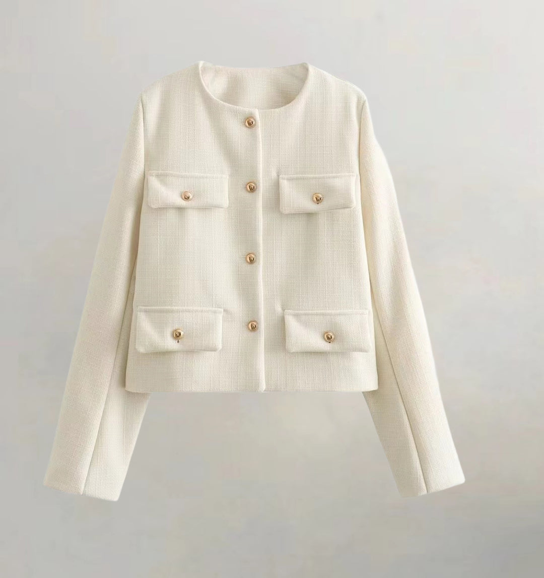 Damen kurzärmlige Utility-Jacke mit aufgesetzten Taschen und dekorativen Knöpfen EB