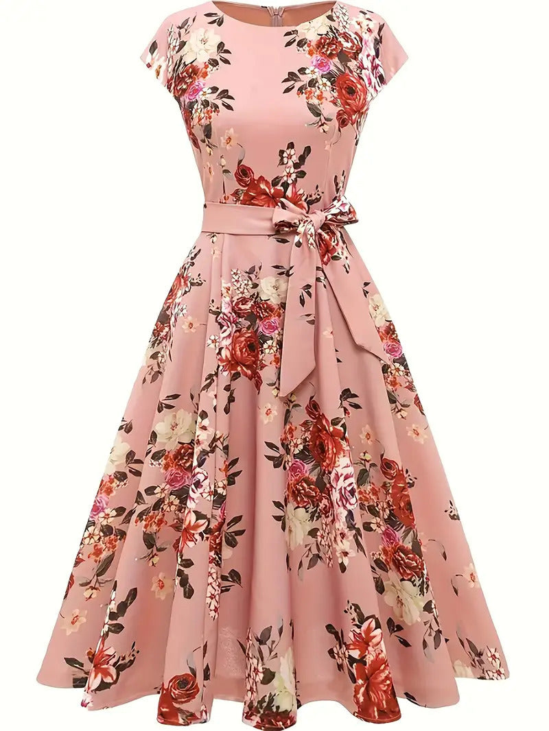 Damen Midi-Kleid mit tailliertem Schnitt und floralem Design EB
