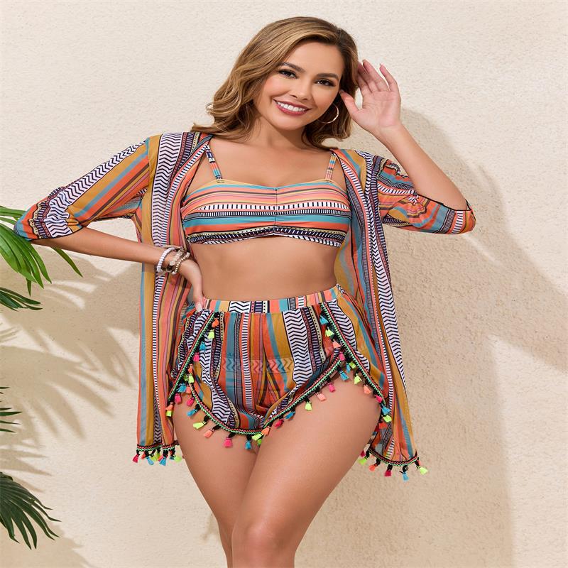 Damen Bikini-Set mit asymmetrischem Schnitt und buntem Quasten-Design EB