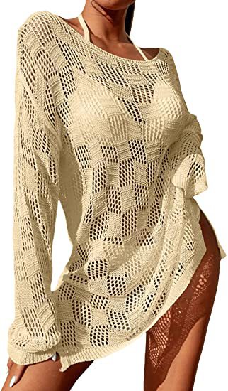 Damen gehäkeltes Crop-Top mit weitem Ärmel und lockerer Passform EB