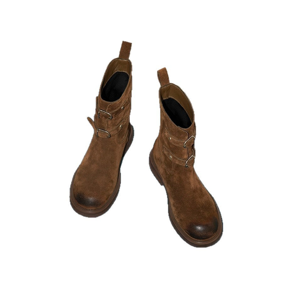 Damen modische Ankle Boots mit dekorativen Riemen und robustem Sohlenprofil EB