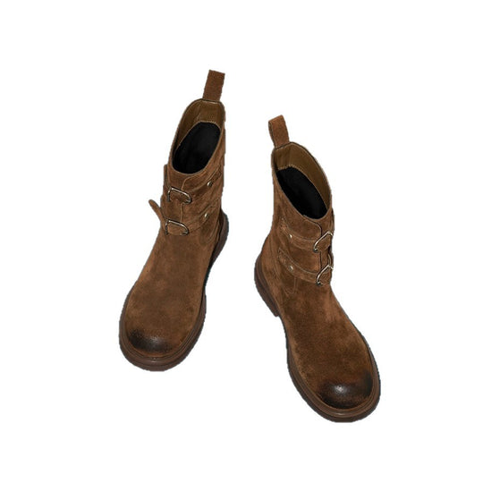 Damen modische Ankle Boots mit dekorativen Riemen und robustem Sohlenprofil EB