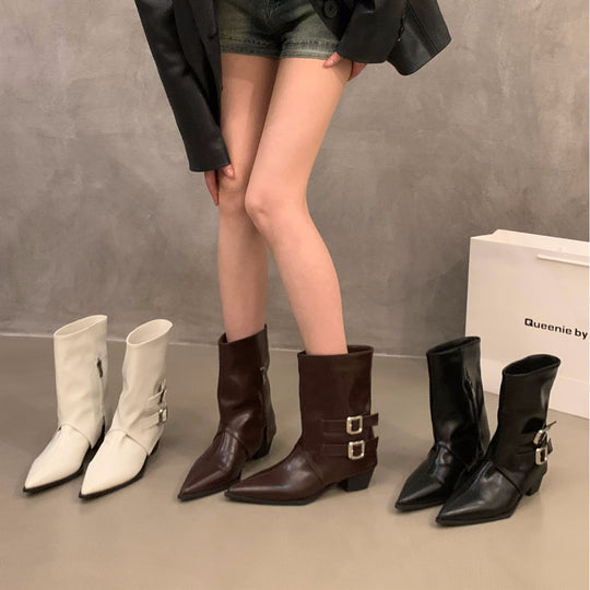 Damen Elegante Stiefeletten mit dekorativen Schnallen und spitzem Schnitt EB