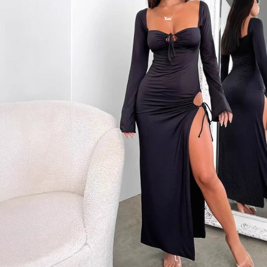 Damen Elegantes Wickelkleid mit tiefem V-Ausschnitt und seitlichem Schlitz EB