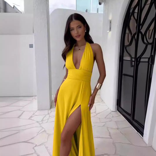 Damen elegantes Maxikleid mit tiefem V-Ausschnitt und seitlichem Schlitz EB