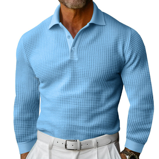 Herren nan strukturiertes Waffelstrick-Poloshirt Langarm Slimfit mit Kentkragen EB