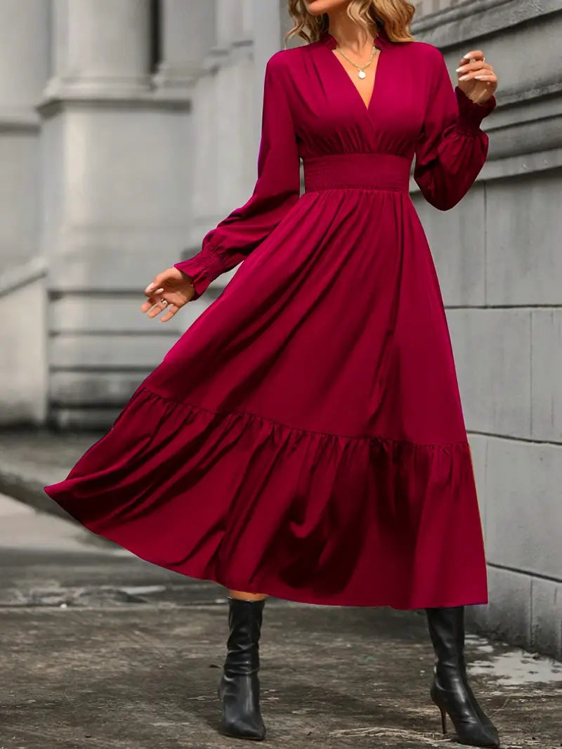 Damen Maxikleid mit elegantem V-Ausschnitt und voluminösen Ärmeln EB