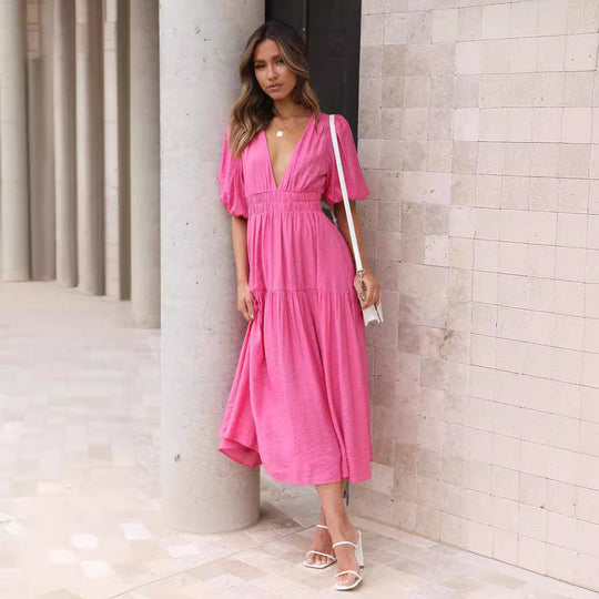 Damen Maxikleid mit weiten Puffärmeln und elastischem Taillenzug EB