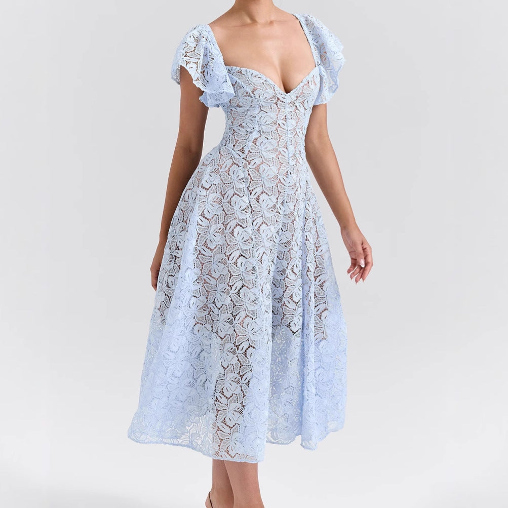 Damen Spitzenkleid mit voluminösen Rüschärmeln und ausgestelltem Rock EB