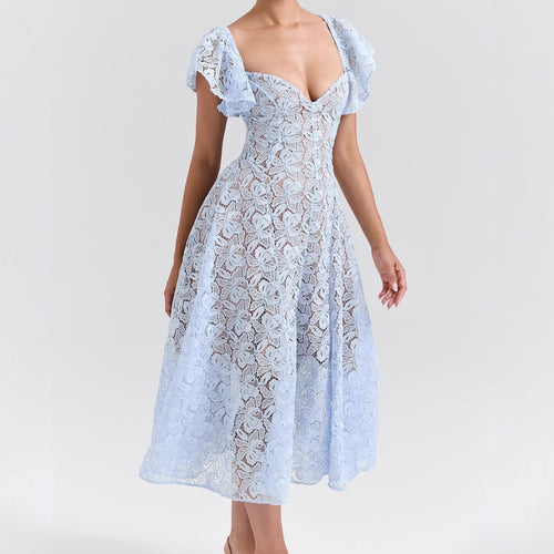 Damen Spitzenkleid mit voluminösen Rüschärmeln und ausgestelltem Rock EB