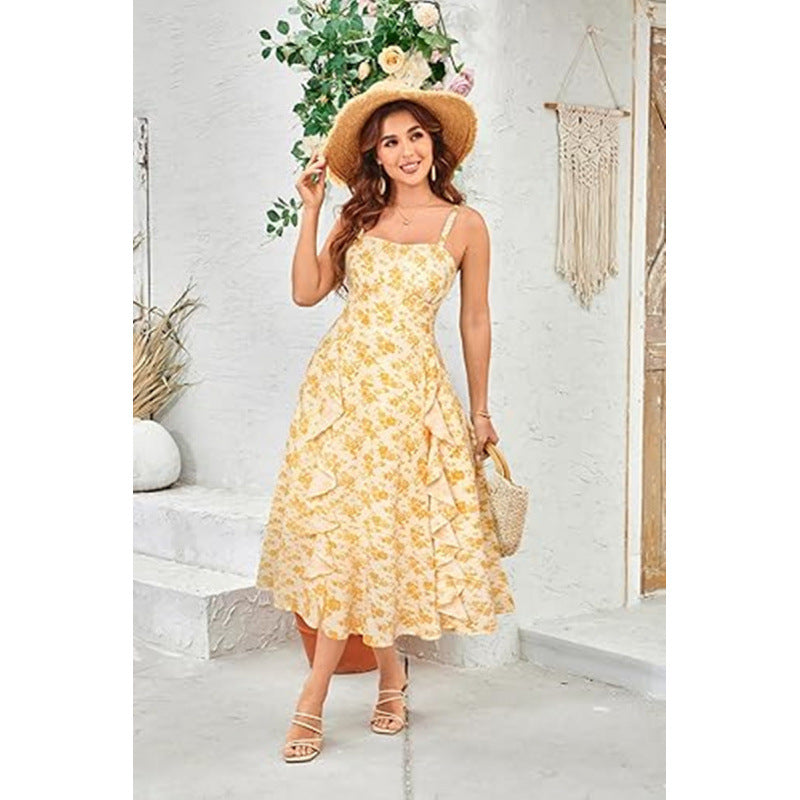 Damen Freizeitmaxikleid mit zarten Rüschendetails und floralem Design EB