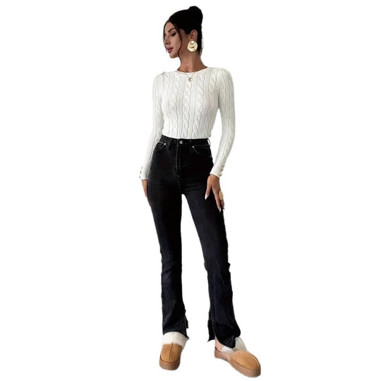 Damen Grobstrick Pullover mit dekorativen Knopfdetails EB