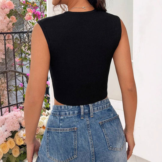 Damen figurbetontes Ripp-Crop-Top mit V-Ausschnitt und breiten Trägern EB