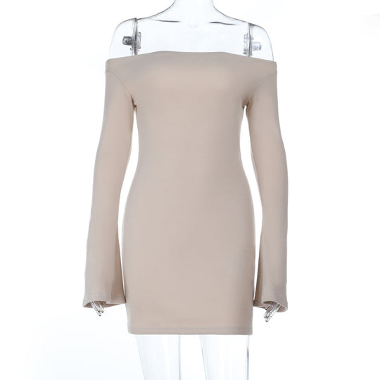 Damen elegantes schulterfreies Minikleid mit langen Ärmeln und figurbetontem Schnitt EB