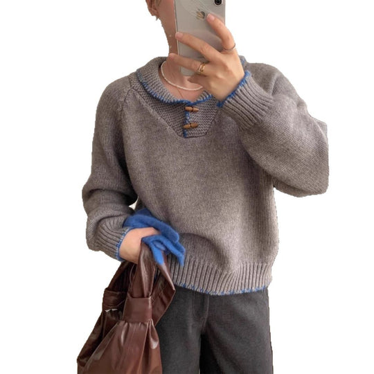 Damen lässiger Strickpullover mit einzigartigem Knopfdesign und Kontrastdetails EB