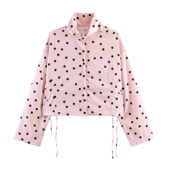 Damen nan kurz geschnittene gepunktete Regenjacke mit Stehkragen, Druckknopfleiste und Kordelzug EB