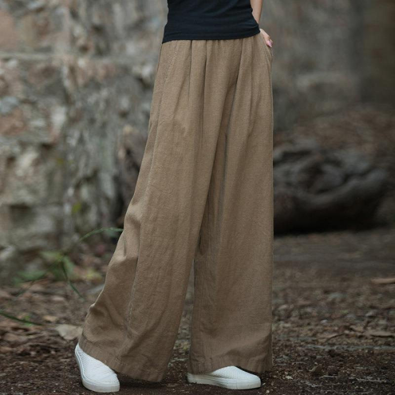 Damen weit geschnittene Leinenhose mit elastischem Bund und praktischen Taschen EB