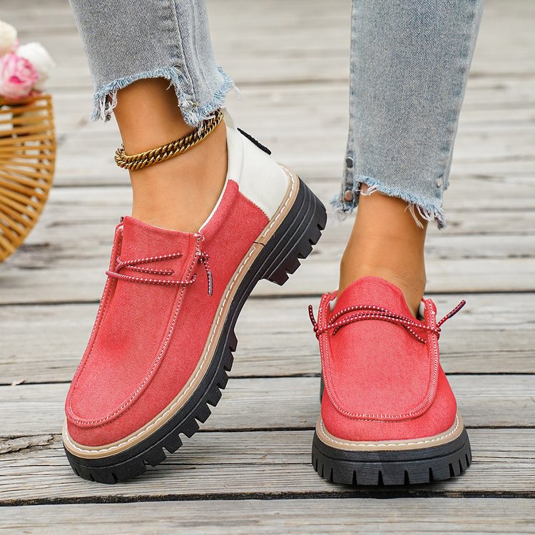 Damen Modische Slipper-Loafer mit grober Profilsohle, Canvas-Obermaterial und dekorativer Kordel EB