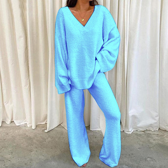 Damen Bequemes Fleece-Loungewear-Set mit V-Ausschnitt EB