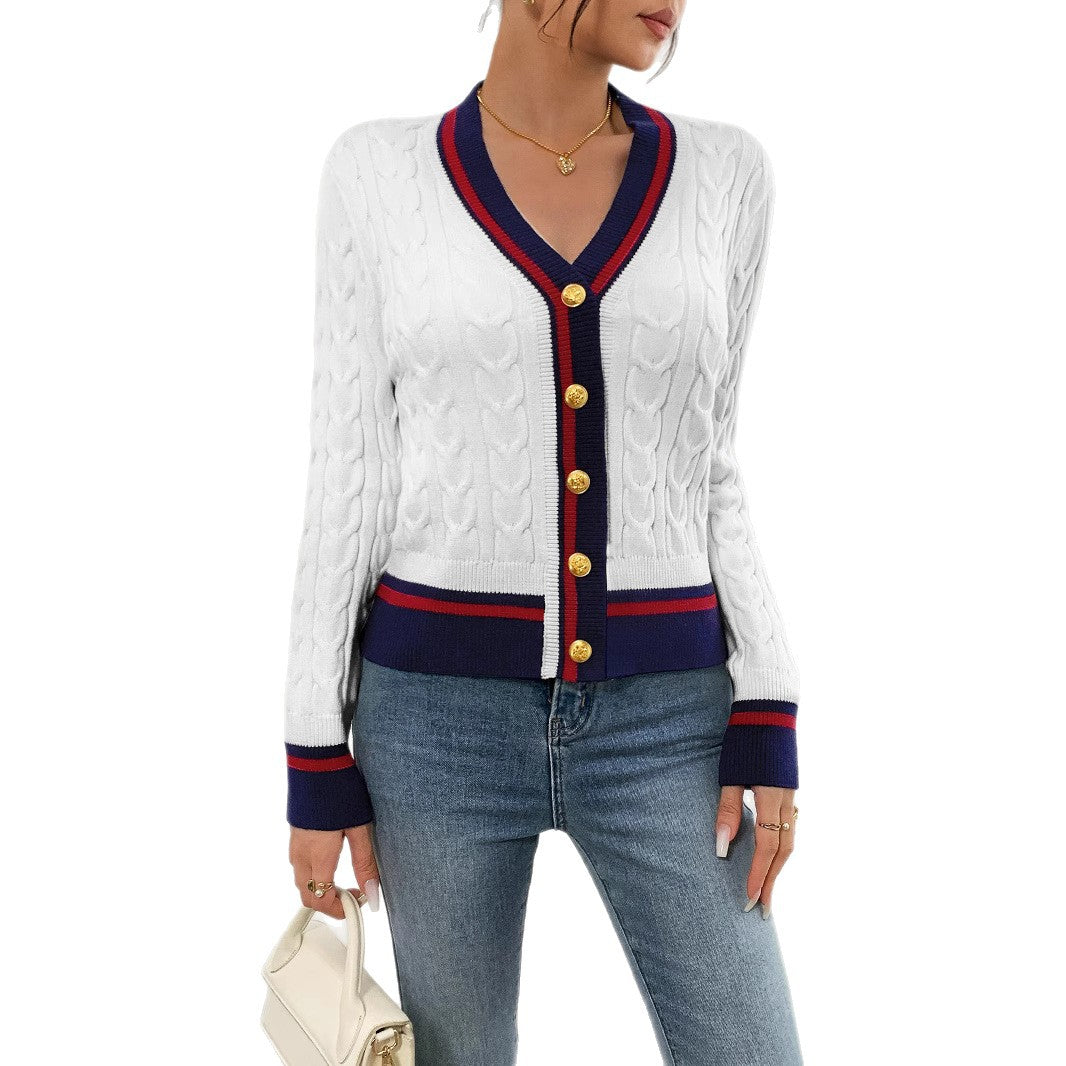 Damen modische Strickjacke mit strukturiertem Zopfdesign und Kontrastbündchen EB
