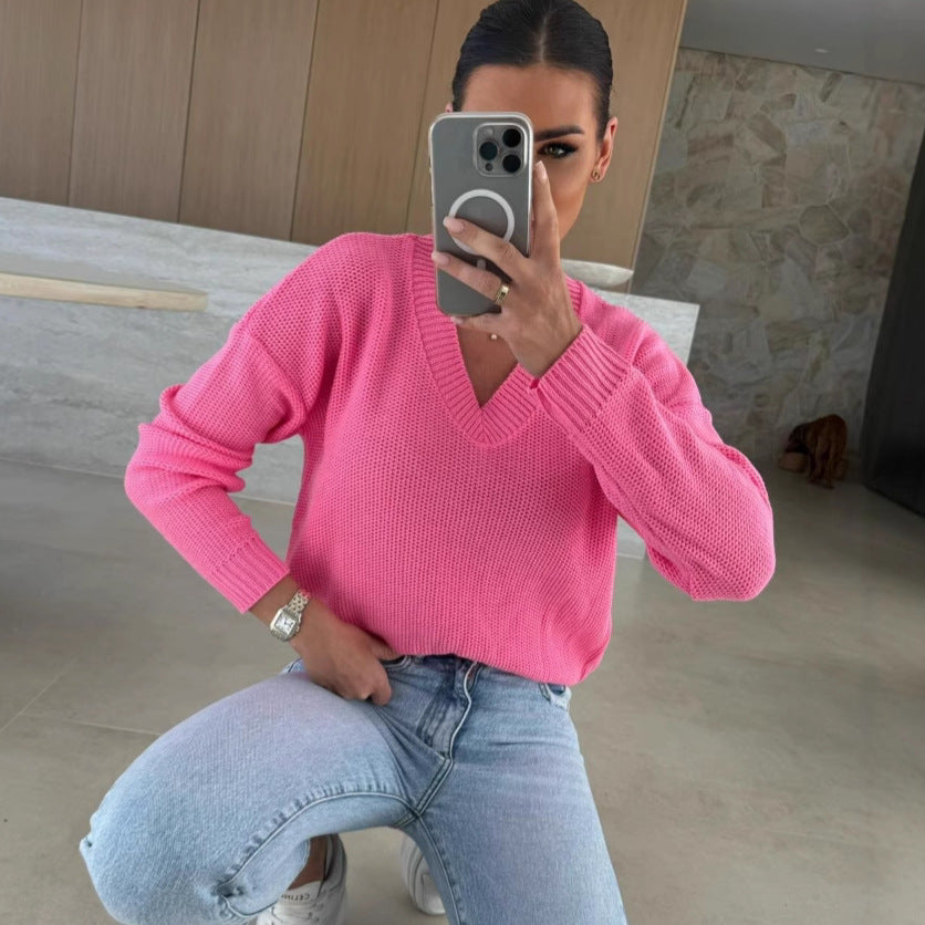 Damen Strickpullover mit tiefem V-Ausschnitt und legerem Schnitt EB