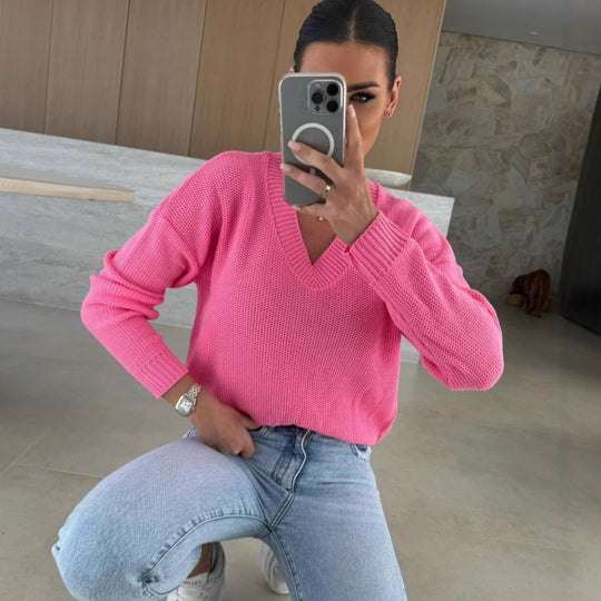 Damen Strickpullover mit tiefem V-Ausschnitt und legerem Schnitt EB