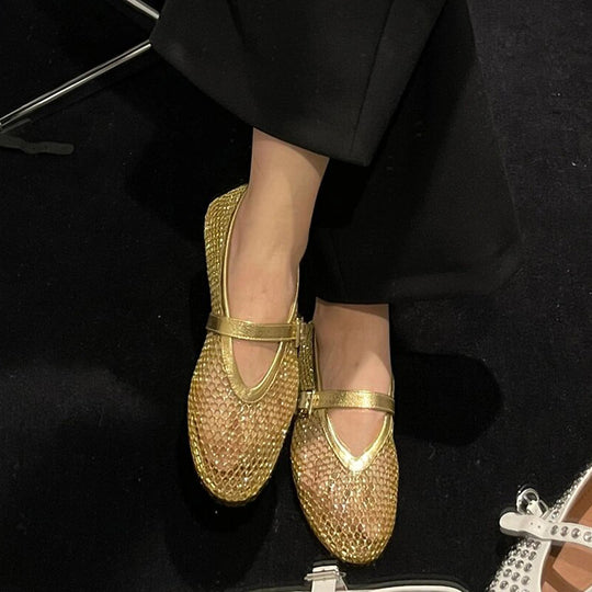 Damen Ballerinas mit goldenem Netzdesign und modischem Riemchen EB