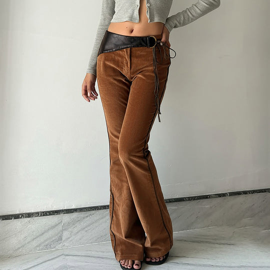 Damen nan ausgestellte Cordhose mit hohem Bund, Lederbesatz und Bindeband EB