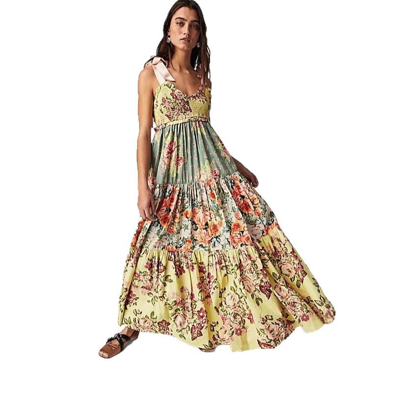 Damen Maxikleid mit floralen Mustern und voluminösem Rock EB